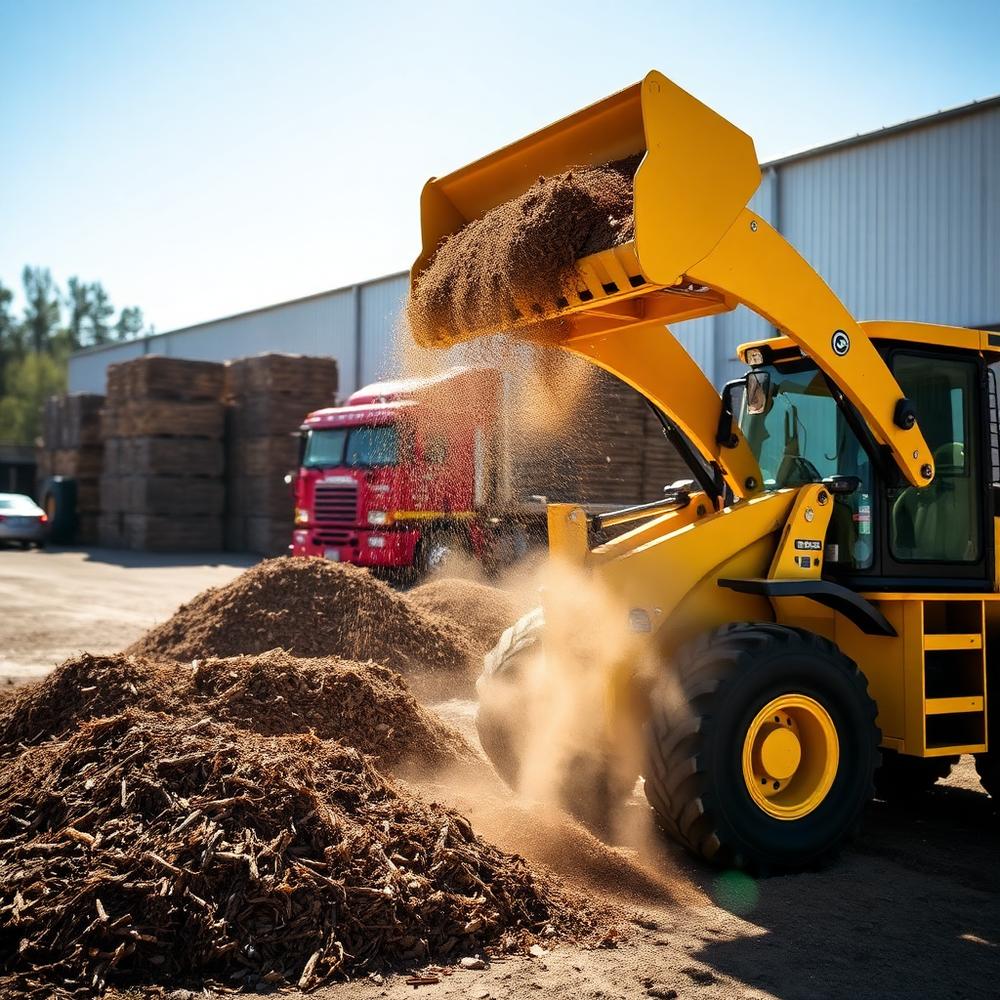 Front-end loader scooping mulch at the supply yard