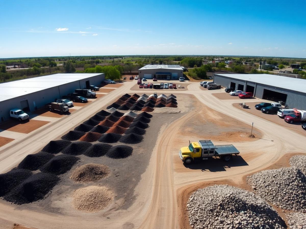 A&J Landscape Supplies yard with bays of mulch, gravel, and stone