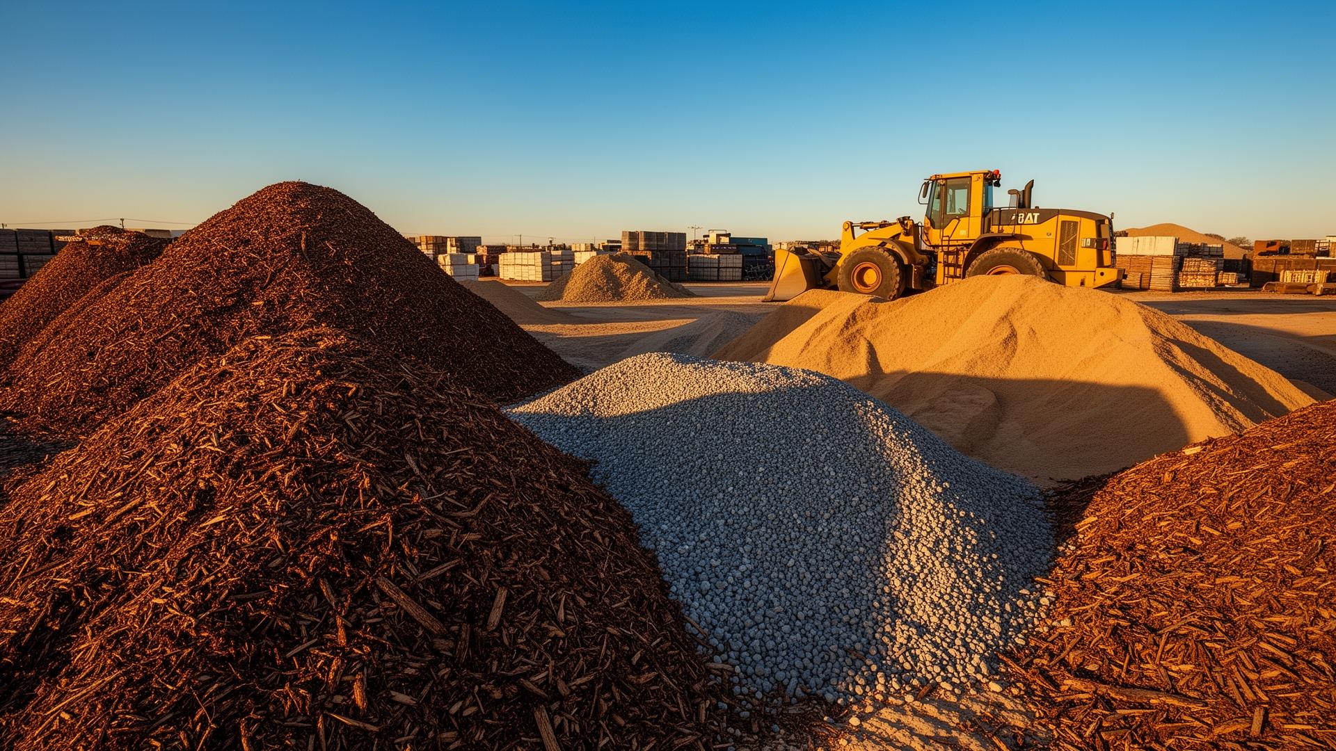 A&J Landscape Supplies yard in Conroe TX with mulch, gravel and sand piles